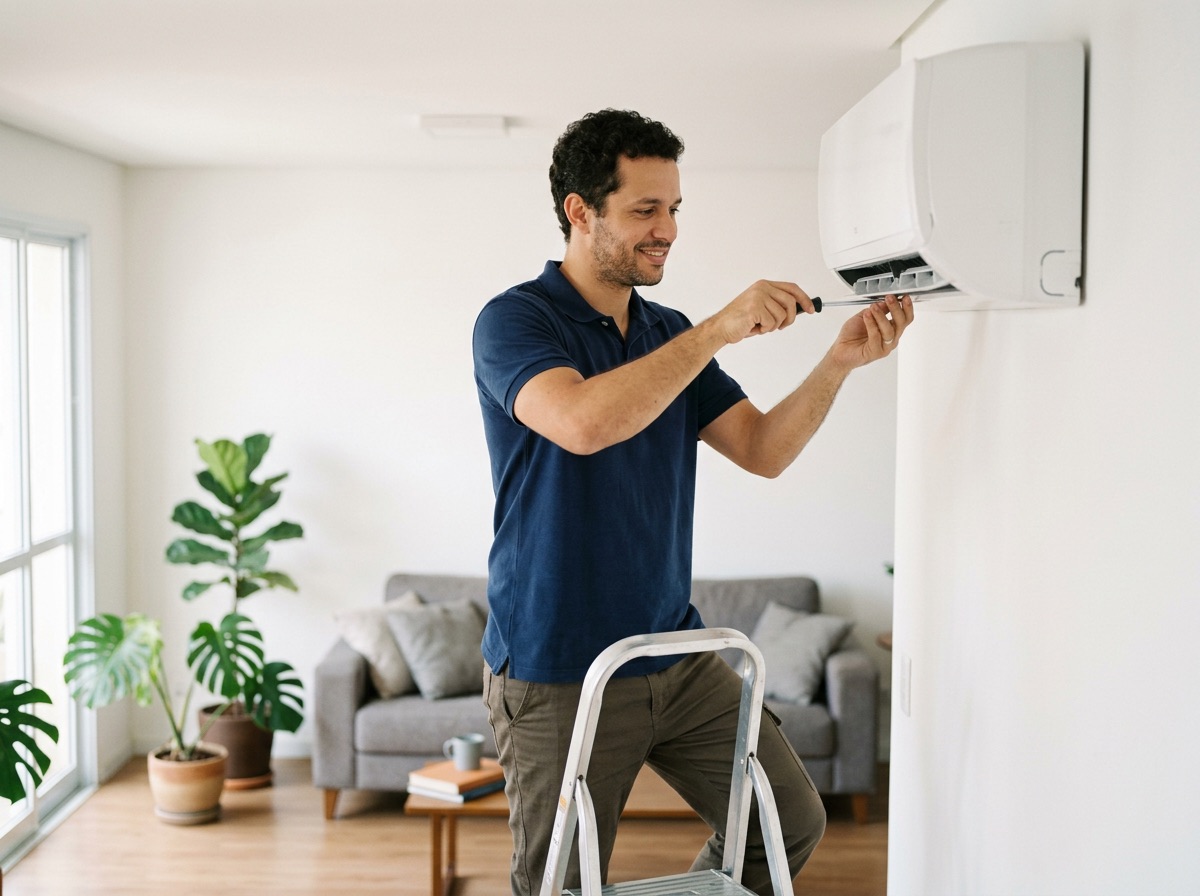 Técnico instalando ar-condicionado split na parede de uma sala